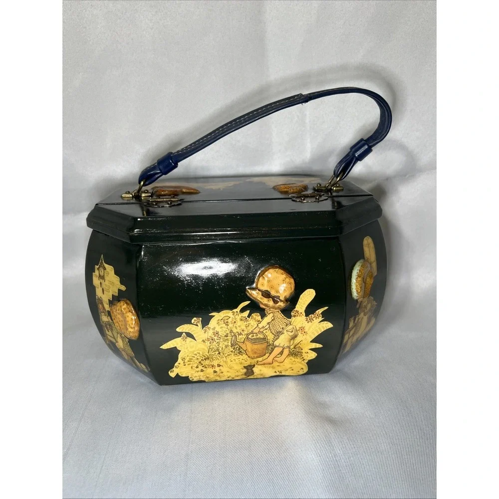 Vintage Holly Hobbie 3‎ D Decoupage Black Lacquer Wooden Handbag